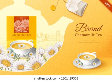 Chamomile tea ad in 3d illustration with engraved teapot over yellow background