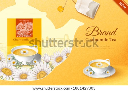 Chamomile tea ad in 3d illustration with engraved teapot over yellow background