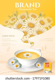 Chamomile tea ad with tea cup with flowers in 3d illustration with flowers on yellow background