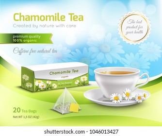 Chamomile tea advertising realistic composition on blue blurred background with flowers, carton packaging, white cup vector illustration  