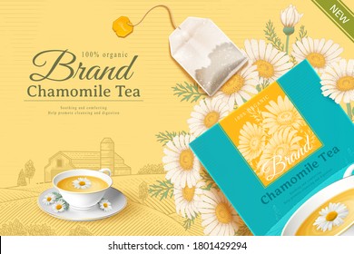 Chamomile tea bag package with cup of tea on engraved background