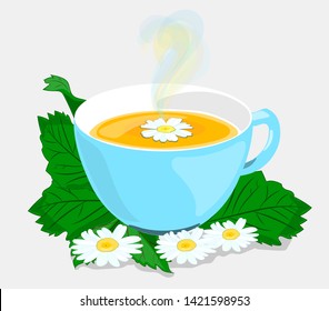 Chamomile. Chamomile tea. Blue mug of tea. Vector