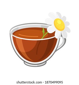 Chamomile tea cartoon icon. Herbal healing aromatic drink. Glass cup of delicious warming freshly brewed beverage decorated flower. Vector flat illustration isolated on white background for packaging.