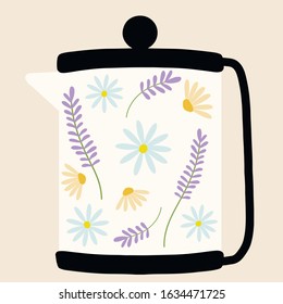 Chamomile Tea Concept. Kettle with chamomile and lavender flowers. Cute hand drawn vector illustration for menu design. Healthy refreshing detox herbal drink.