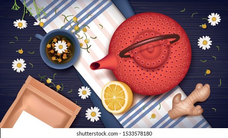 Chamomile tea cup, red antique Chinese cast iron teapot, tea pack, lemon and ginger on a wooden table