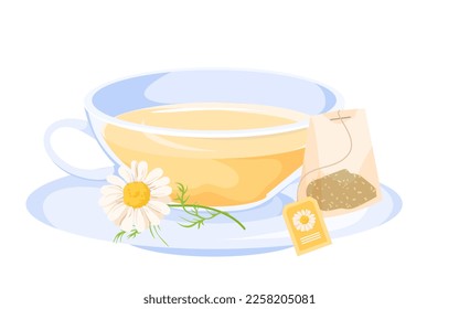 Chamomile tea cup vector illustration. Cartoon glass transparent teacup with herbal healthy hot drink, summer camomile flower and leaf on plate, paper bag with aromatic chamomile herbs and label