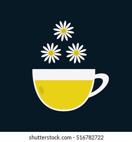 Chamomile tea. Drink in a mug on a dark blue background