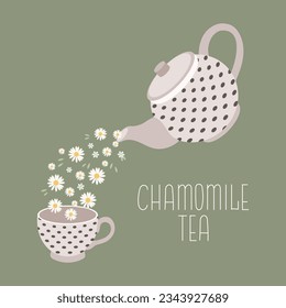 Chamomile tea, drink. Teapot and cup with chamomile tea and chamomile flowers. Illustration, vector