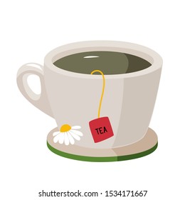 Chamomile tea with flower. Vector cartoon illustration.