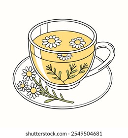 Chamomile Tea in Glass Cup Vector Illustration - Clipart and Cotton Line Art Design