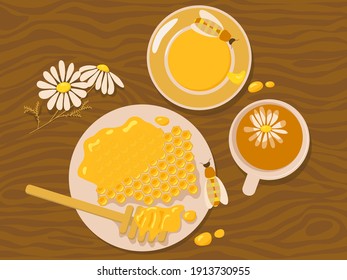 Chamomile tea and honey. Vector illustration with honeycomb, bees and flowers on the wooden table. Healthy food concept.