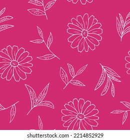 chamomile and tea leaves seamless pattern hand drawn in doodle style. 