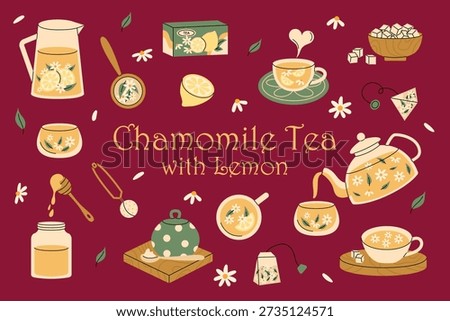 Chamomile tea with lemon set. Cozy herbal drink collection