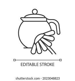 Chamomile tea linear icon. Herbal tea reduces anxiety, digestive issues. Takes medicinal effect. Thin line customizable illustration. Contour symbol. Vector isolated outline drawing. Editable stroke