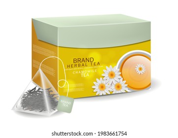 Envase para té de Chamomile en infusión de bolsas triangulares. Hierbas orgánicas vectoriales bebida realista. 3.ª ilustración