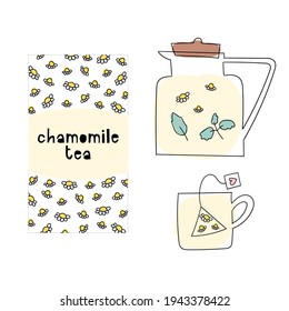 Chamomile tea packaging design, teapot, cup. Hand drawn doodle illustration of healthy hot drink. Glass pot of herbal tea with flowers for branding.