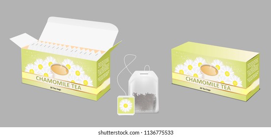 Chamomile tea paper box and tea bag packaging mockup set. Vector realistic illustration.