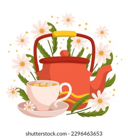 Chamomile Tea in Pot and Cup. Caffeine-free Herbal Infusion Made From The Dried Flowers Of The Chamomile Plant. It Is Known For Its Soothing And Relaxing Properties. Cartoon Vector Illustration