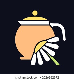 Chamomile tea RGB color icon for dark theme. Herbal tea reduces anxiety and digestive issues. Isolated vector illustration on night mode background. Simple filled line drawing on black