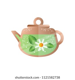 Chamomile tea in teapot, spa design element vector Illustration on a white background