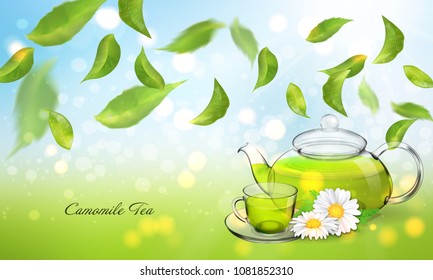 chamomile tea with a transparent glass teapot and a cup. Vector illustration, 3d.