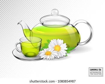Chamomile tea in a transparent teapot with a cup. Realistic vector 3d illustration.