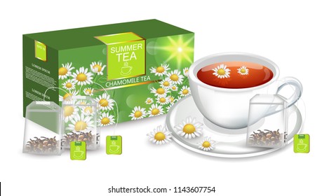 Chamomile tea Vector realistic. Product packaging mock up. Cup of tea and tea bags detailed 3d illustrations