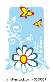 Chamomile and two butterflies on a blue background.