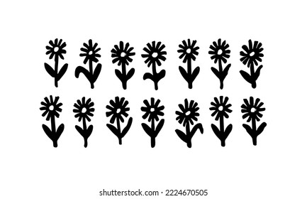 Chamomile vector drawing set. Ink hand drawn flowers and leaves, monochrome artistic botanical illustration. Brush strokes herbal silhouette .