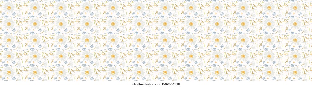 Chamomile vector lawn daisy wildflower motif background. Naive margerite flower seamless pattern on white. Delicate leaves hand drawn sextile. Spring and Summer meadow repeat  ribbon trim edge. 