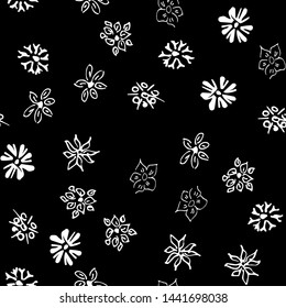 Chamomile vector seamless pattern in sketch style. Seamless floral design. Vector floral print. Abstract flower pattern. Modern design. Hand drawn illustration isolated on black background.