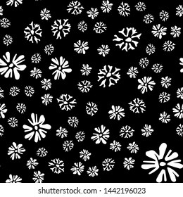 Chamomile vector seamless pattern in sketch style. Seamless floral design. Vector floral print. Abstract flower pattern. Modern design. Hand drawn illustration isolated on black background.