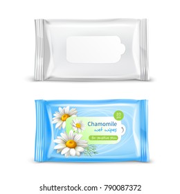 Chamomile wet wipes napkins for sensitive skin realistic  package 2 views set isolated vector illustration