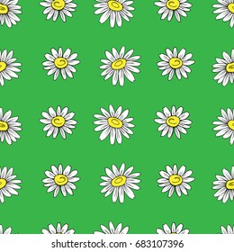 Chamomile wild field flower isolated on green background, hand drawn daisy sketch vector doodle illustration, seamless floral pattern for design package tea, cosmetic, medicine, textile, decor fabric