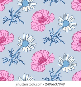 Chamomile Wild Flowers Seamless Pattern. Floral Hand Drawn Background. Vintage Style Vector Illustration