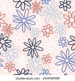 Chamomile wildflower line art vector seamless pattern. Colourful doodle daisy background. Hand drawn linear floral backdrop print.