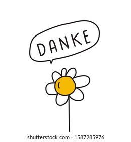 Chamomile with word - Danke is thank you in German. Vector illustration for greeting card, sticker, poster design.