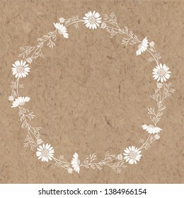 Chamomile wreath. Floral round frame on craft paper. Vector illustration with place for text. Invitation, greeting card or an element for your design.