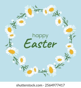 Chamomile Wreath. Greeting Card with text Happy Easter. Round Frame of white wildflower buds with Spring holiday greetings. Isolated Daisy bouquet on blue background. Color image. Vector illustration