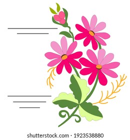 Chamomile,cosmeya pink,yellow twigs,green leaves,stylized vector flowers,hand-drawn on a white background,pattern for embroidery on clothes of a folk costume for a lady,postcard printing