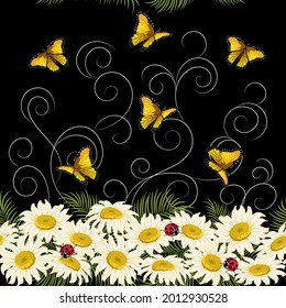 Chamomiles in an abstract background.Chamomiles and butterflies on a black background in a color vector pattern.
