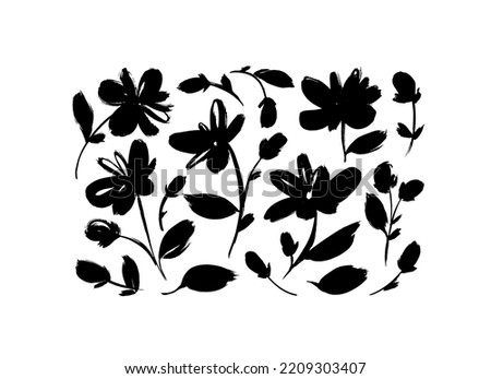Chamomiles brush drawn flowers set. Roses, peonies, chrysanthemums isolated clip arts. Hand drawn black ink illustration. Flower silhouettes on stems with leaves. Sketch style stamp.