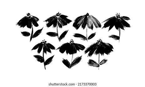 Chamomiles brush painted flowers. Hand drawn botanical vector set. Floral drawings collection with scribbles and dry brush strokes. Branches, leaves and buds. Black chamomile silhouettes with leaves