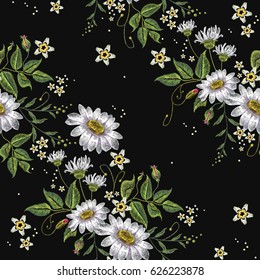 Chamomiles embroidery seamless pattern. Beautiful white chamomiles on black background. Template for clothes, textiles, spring flowers, t-shirt design 