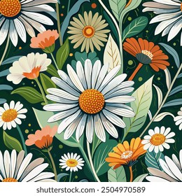 Chamomiles embroidery vector. Beautiful white chamomiles, spring flowers on black background. Template for clothes, textiles, t-shirt design