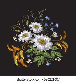 Chamomiles embroidery vector. Beautiful white chamomiles, spring flowers on black background. Template for clothes, textiles, t-shirt design 