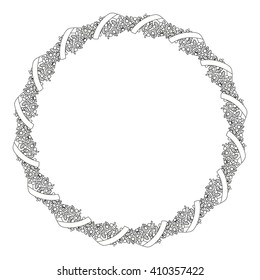 Chamomiles field. Round frame of flowers with ribbon outline drawing.