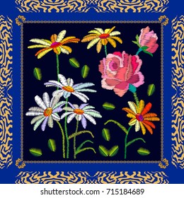 Chamomiles garden. Silk scarf with bright flowers. Stylized embroidered texture. Vintage textile collection.