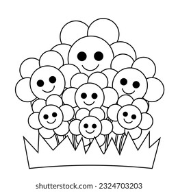 Chamomiles in the grass. Character in Groovy cartoon style in black and white