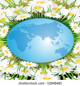 Chamomiles and grass with globe in the center